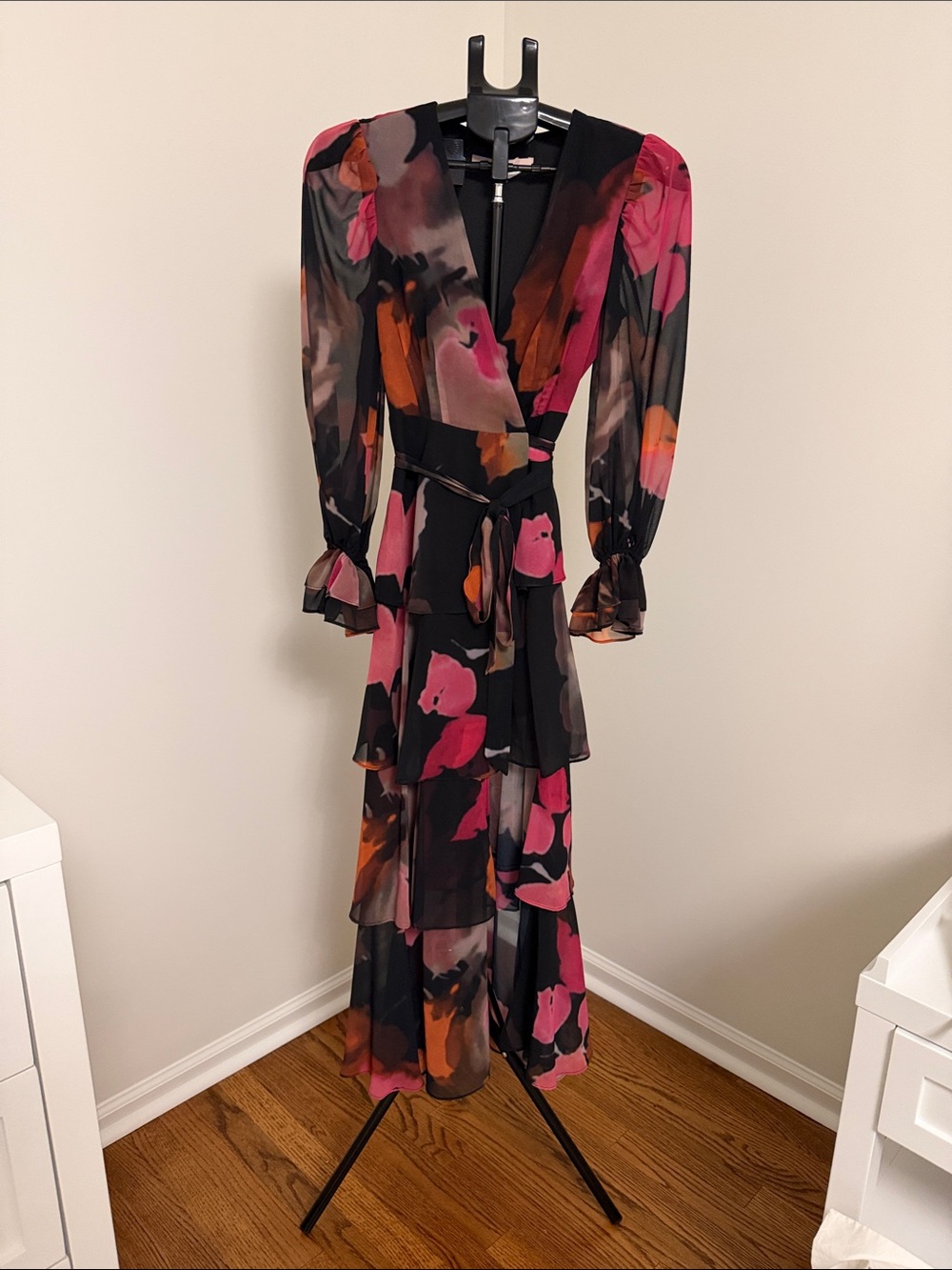 Hutch Black Maxi Wrap Dress with Pink and Orange Floral Print